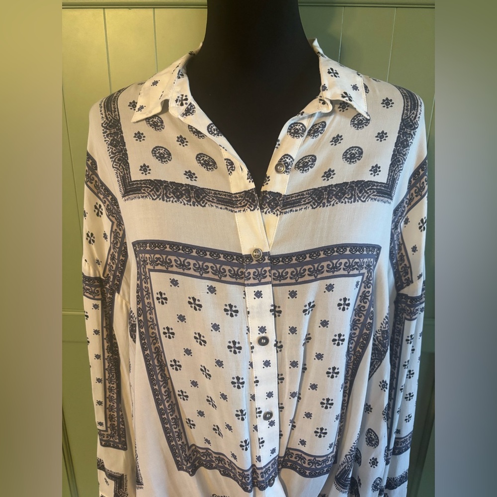 Free People Little Secret Printed Button Front Blouse - White/Navy - Picture 3 of 7